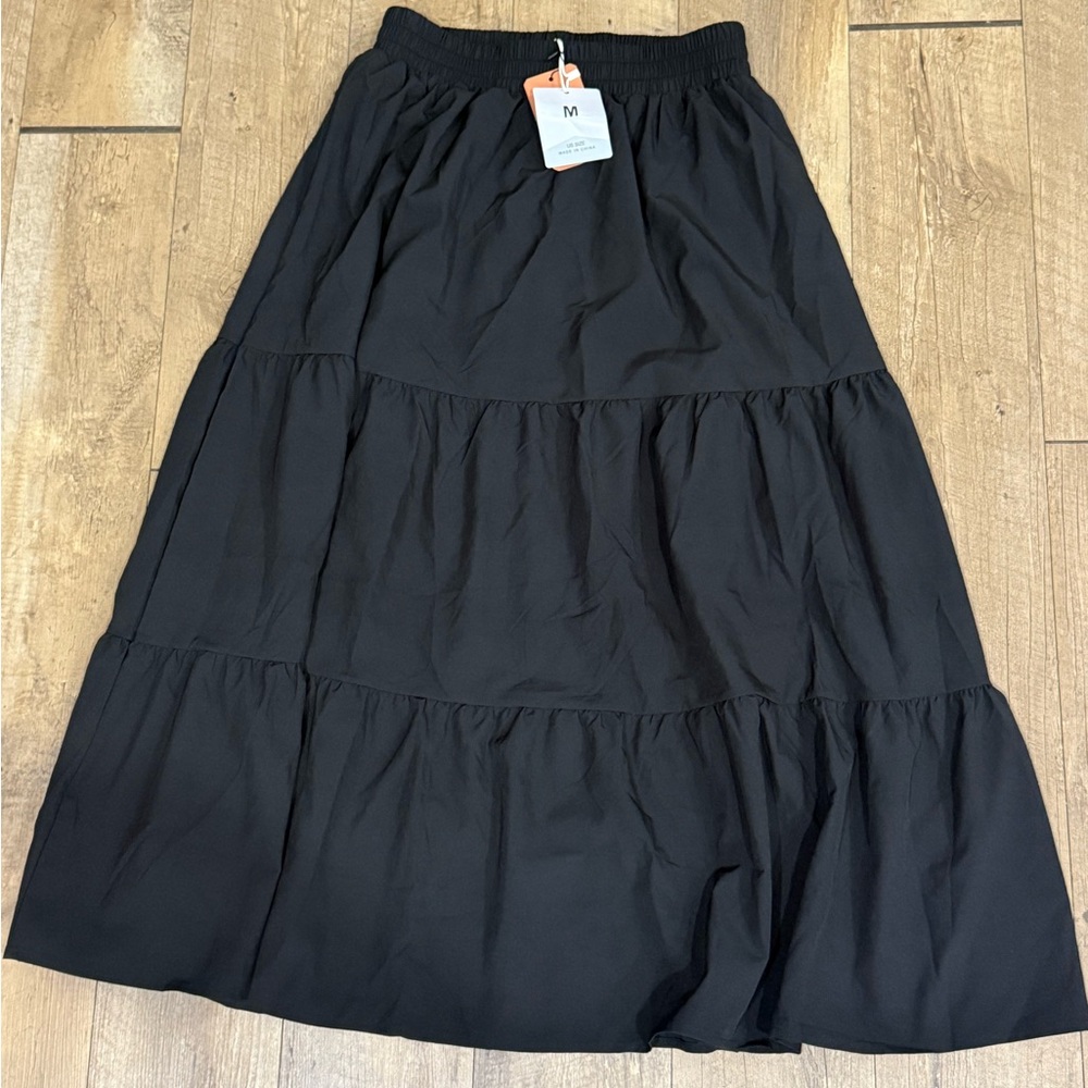 Elastic-Waist Black Tiered Maxi Skirt